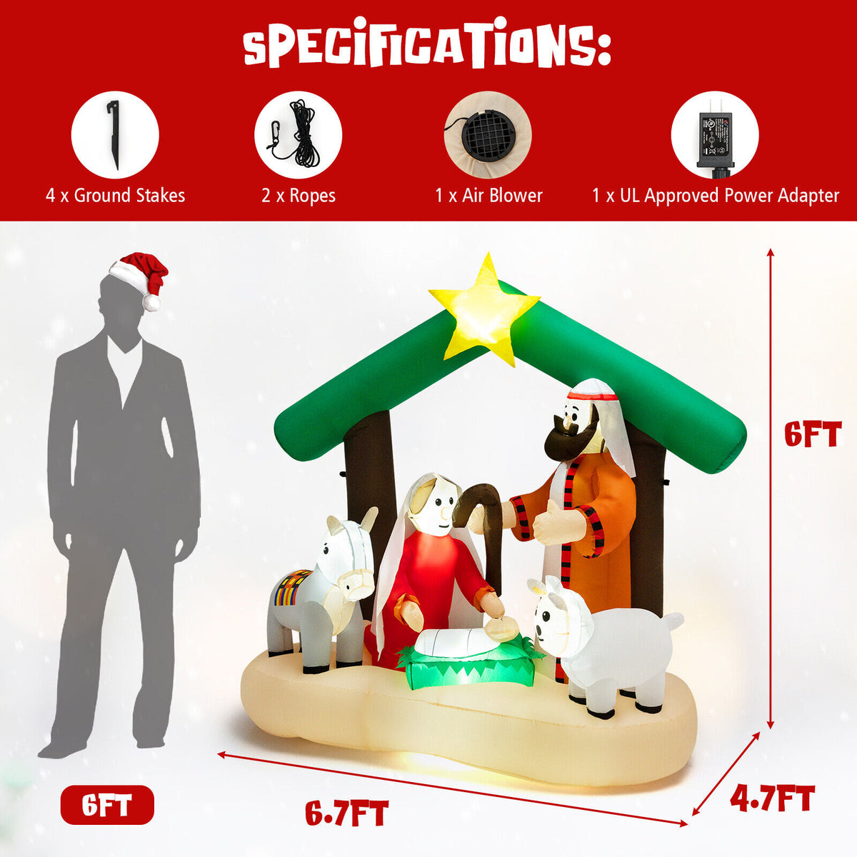 6.7 Feet Inflatable Nativity Scene with LED Lights for Christmas Yard Decor