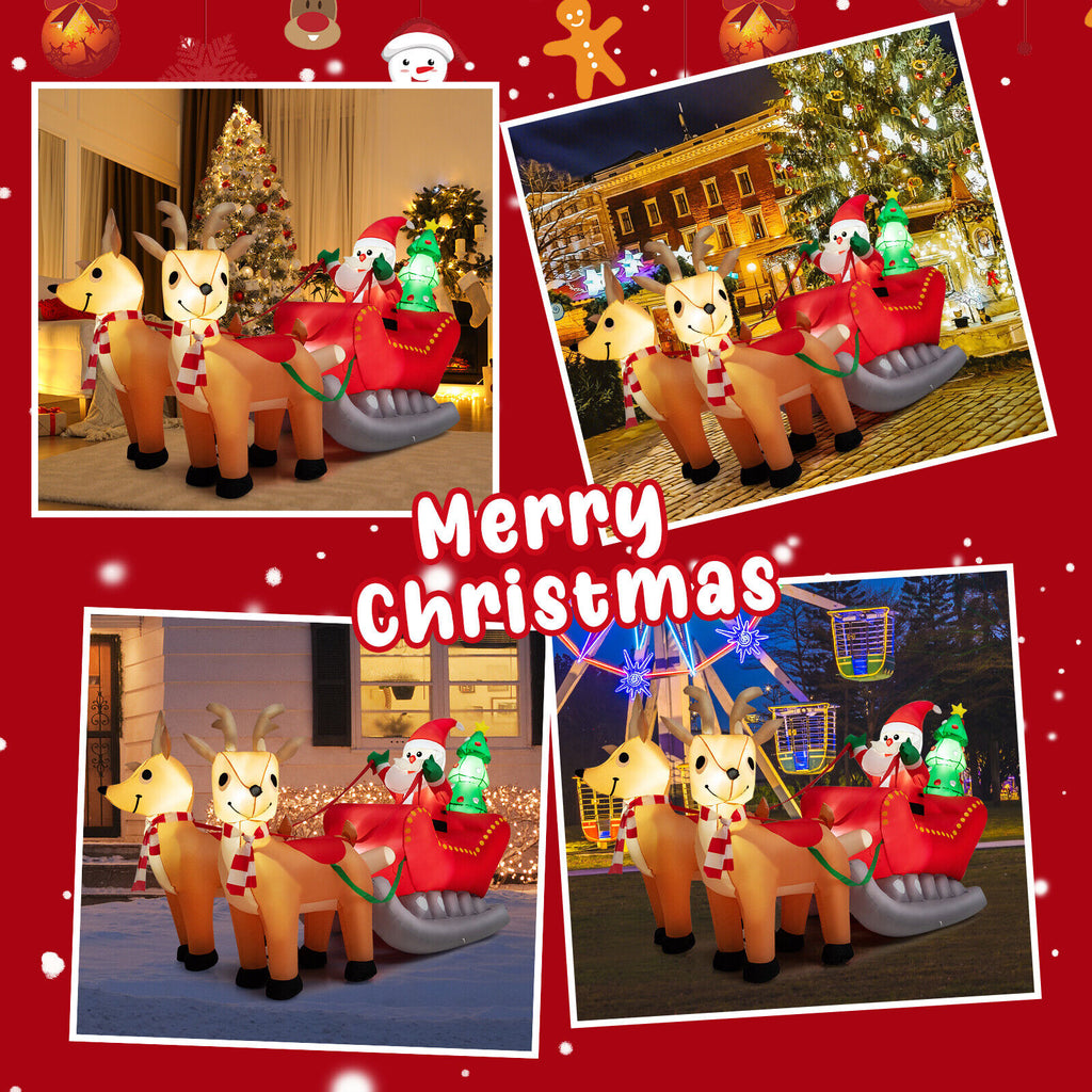 Inflatable Santa on Reindeer Sleigh with LED Lights - 7.2 Feet Christmas Yard Decor - Reindeer Pulling Style
