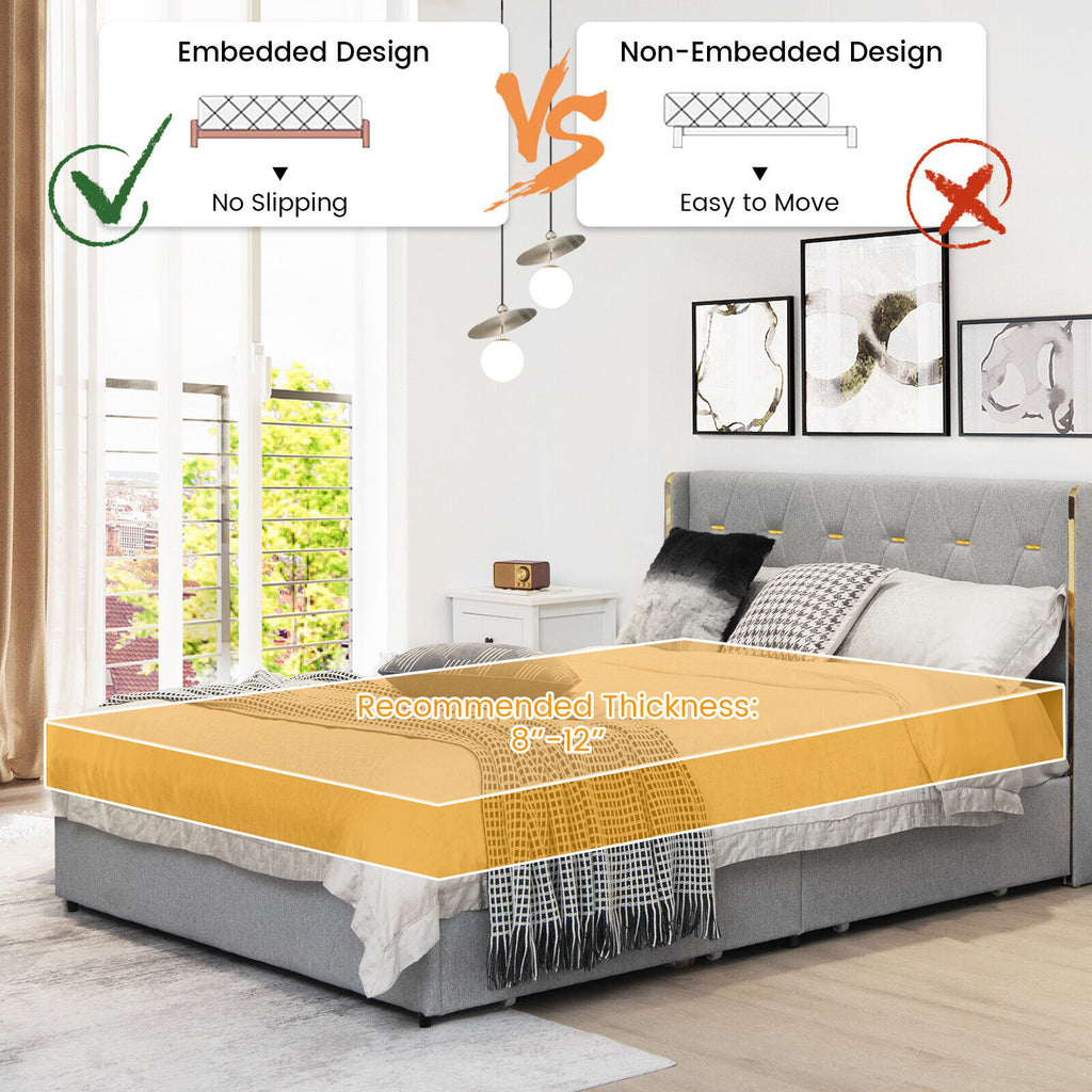 Upholstered Platform Bed Frame with High Headboard & 4 Drawers - Silver, Full
