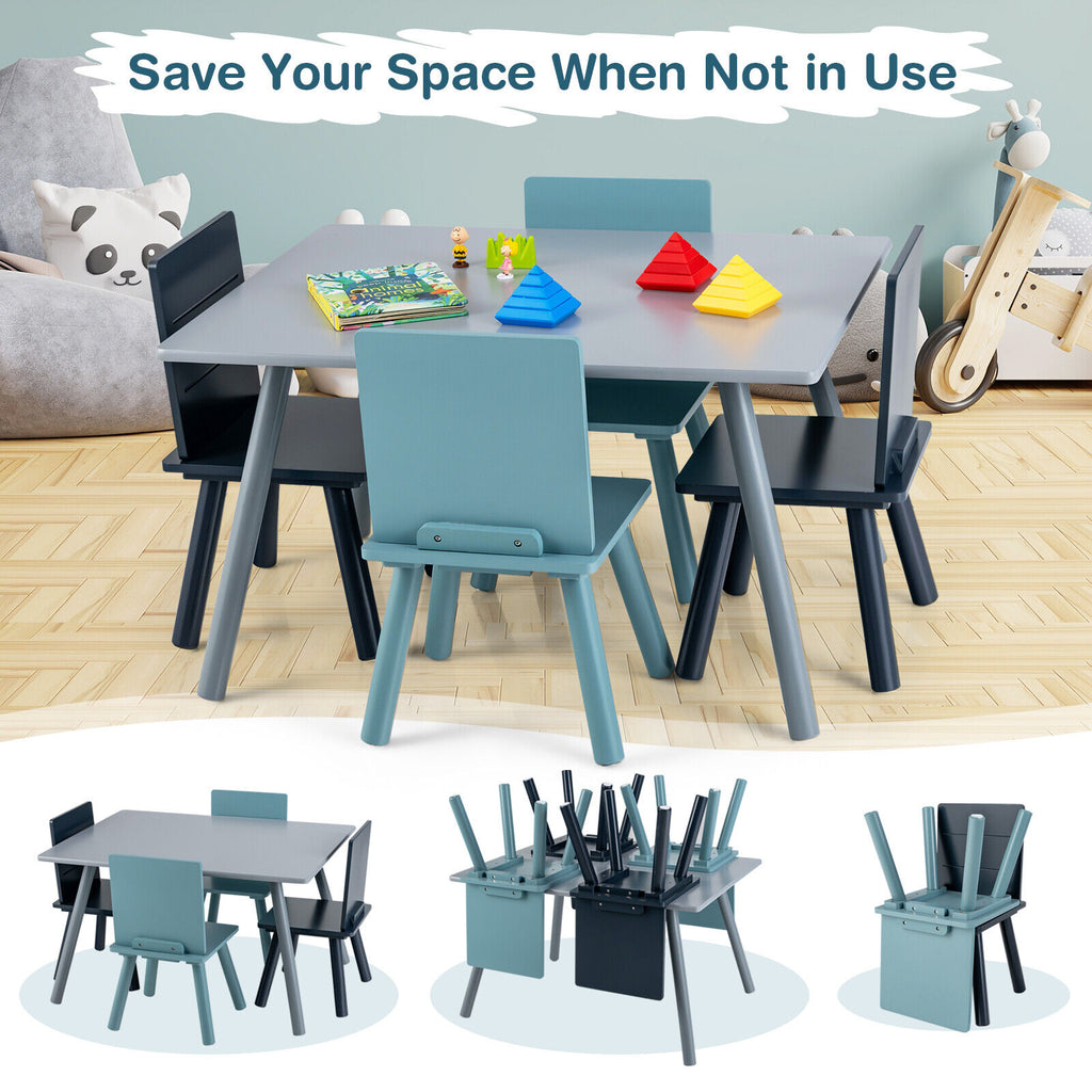 Kids Wooden Activity Play Furniture Set with Building Blocks - Blue, 5 Pieces