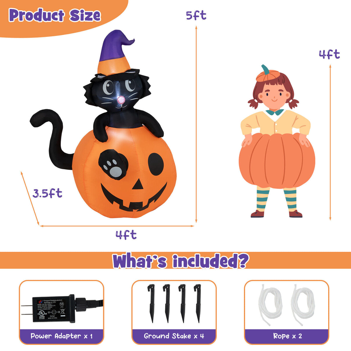 Inflatable Halloween Pumpkin with Black Cat - 5 Feet Self-Inflating Decor, Indoor & Outdoor