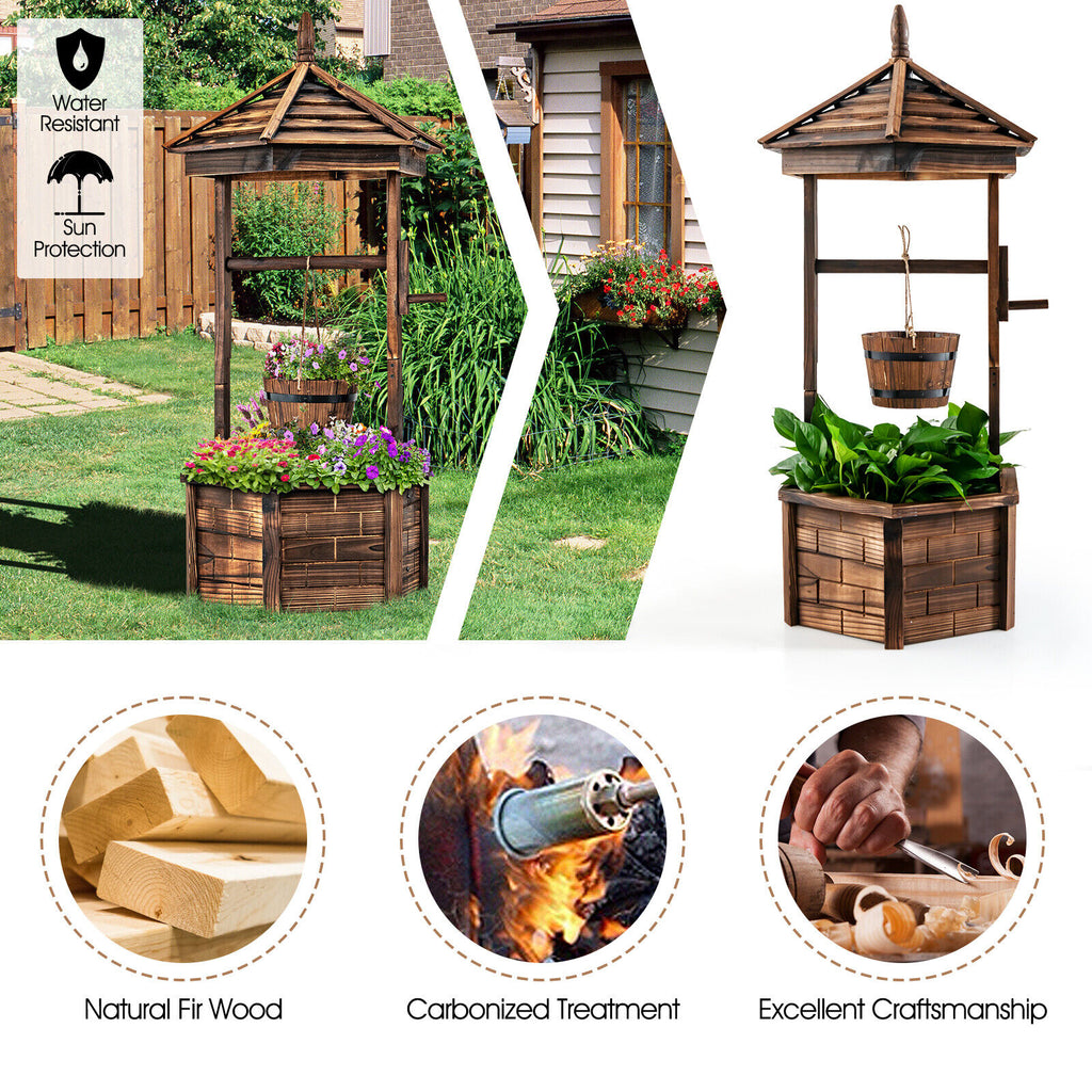 Rustic Wooden Wishing Well with Adjustable Bucket - Brown