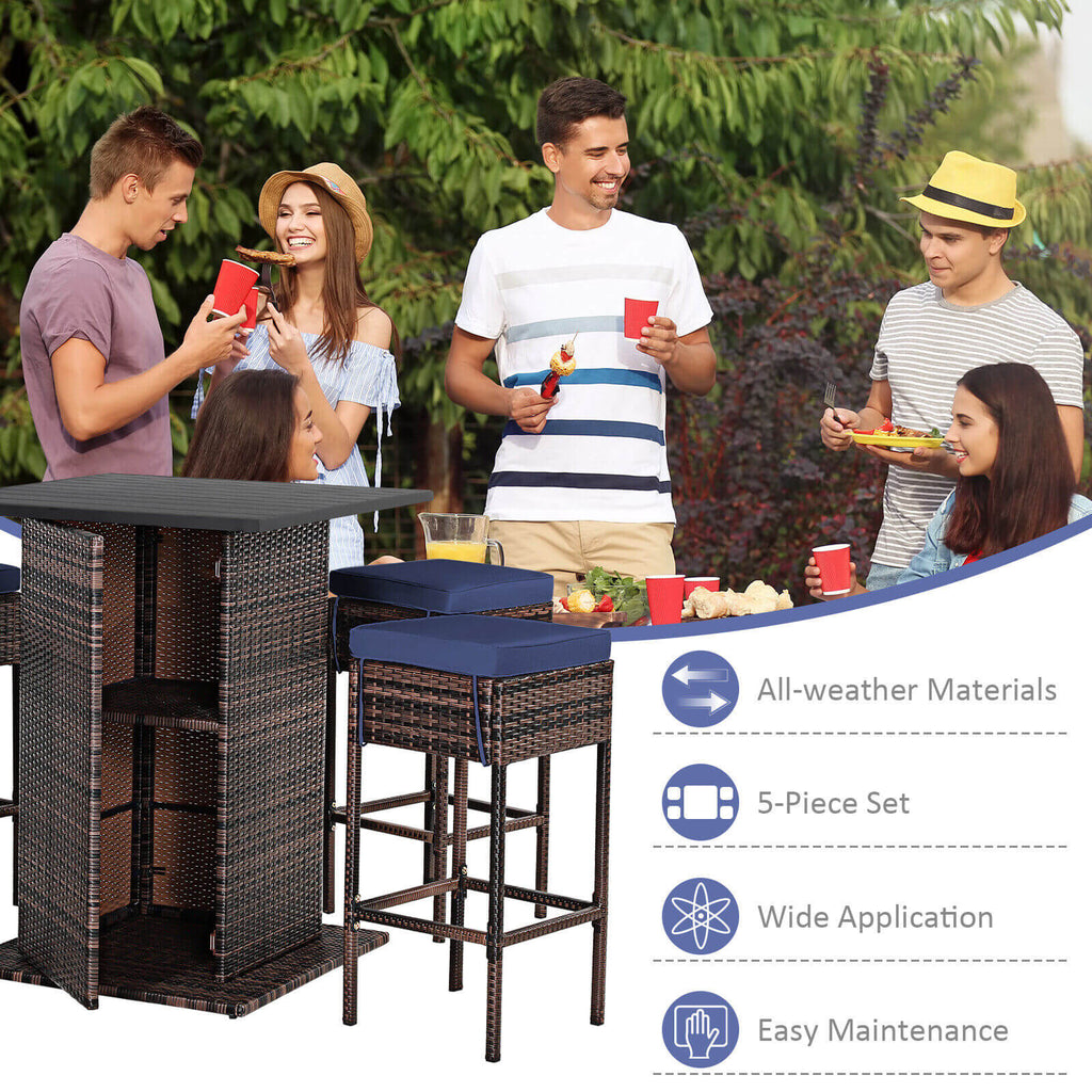 5 Pieces Patio Rattan Bar Furniture Set with Cushions and Hidden