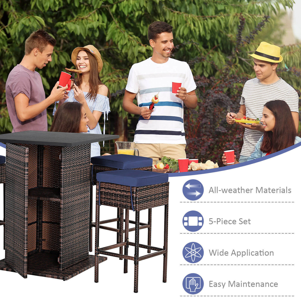 5 Pieces Patio Rattan Bar Furniture Set with Cushions and Hidden