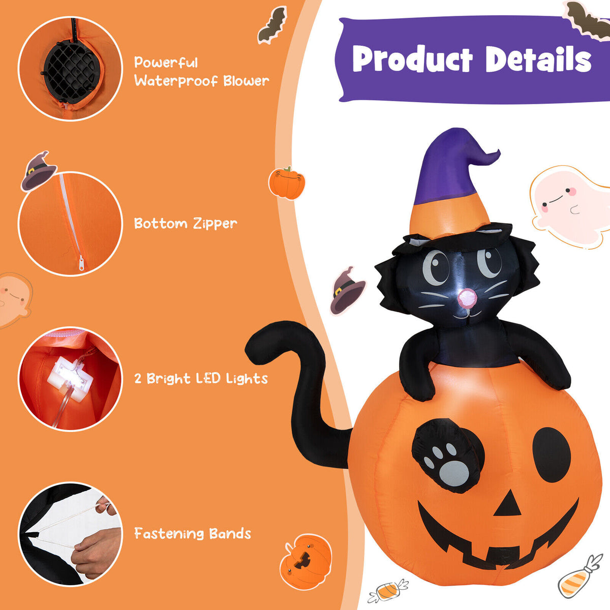 Inflatable Halloween Pumpkin with Black Cat - 5 Feet Self-Inflating Decor, Indoor & Outdoor