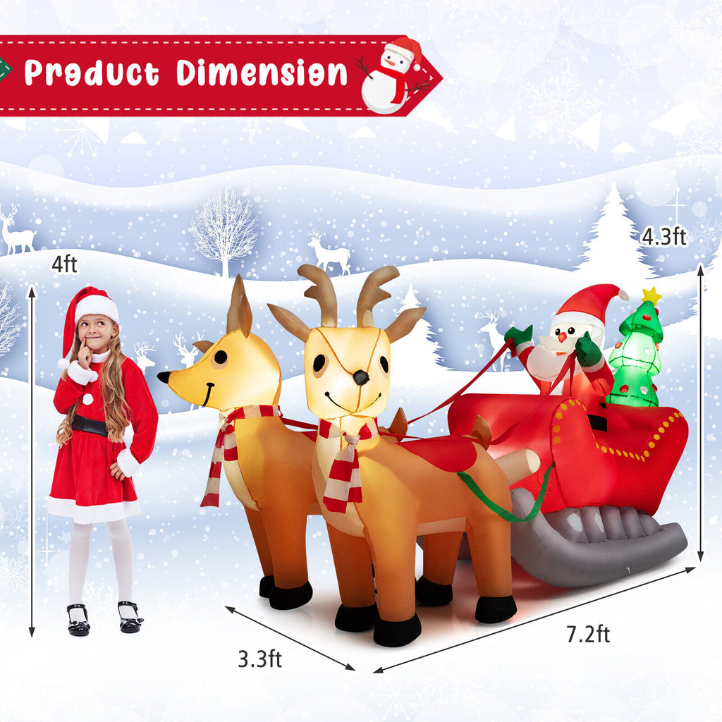 Inflatable Santa on Reindeer Sleigh with LED Lights - 7.2 Feet Christmas Yard Decor - Reindeer Pulling Style
