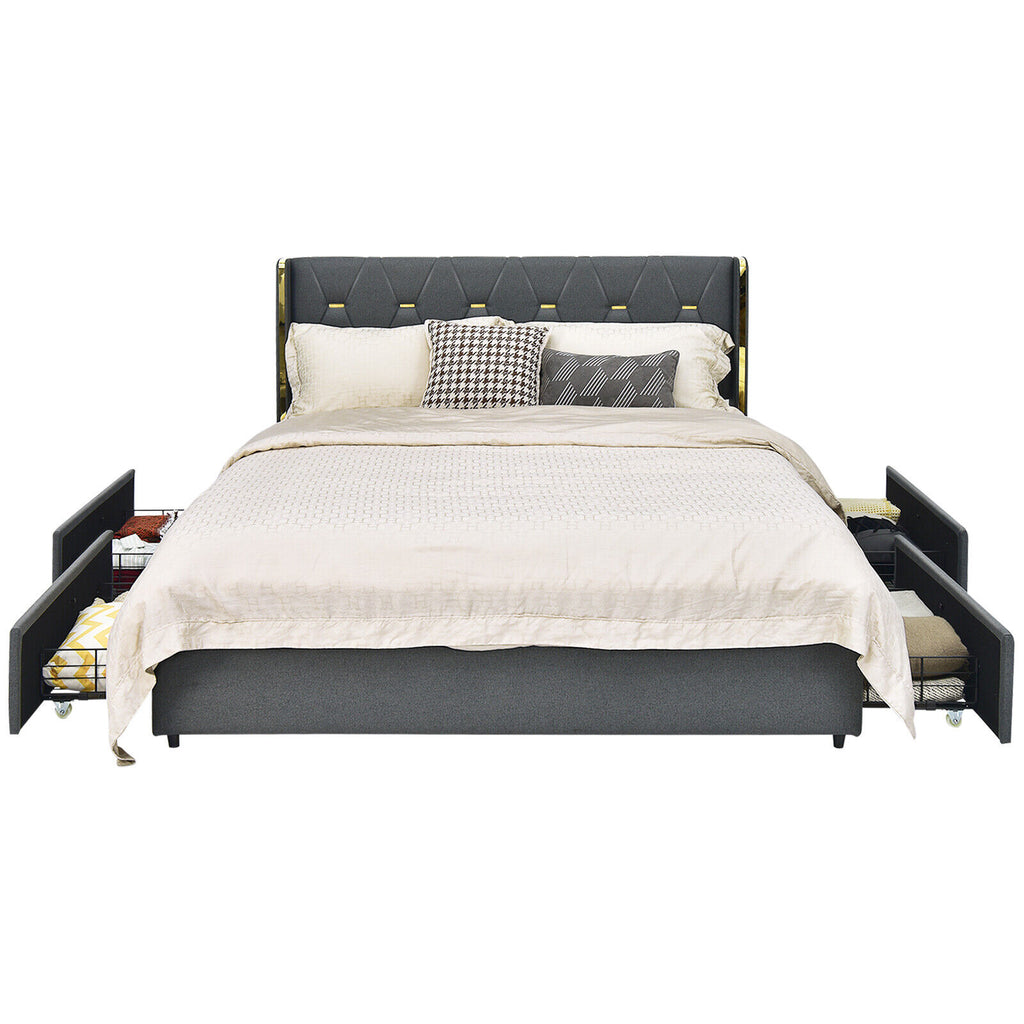Full Size Upholstered Platform Bed with 4 Storage Drawers - Dark Gray