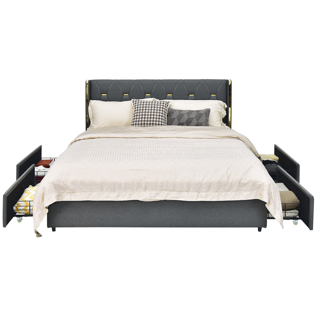 Full Size Upholstered Platform Bed with 4 Storage Drawers - Dark Gray
