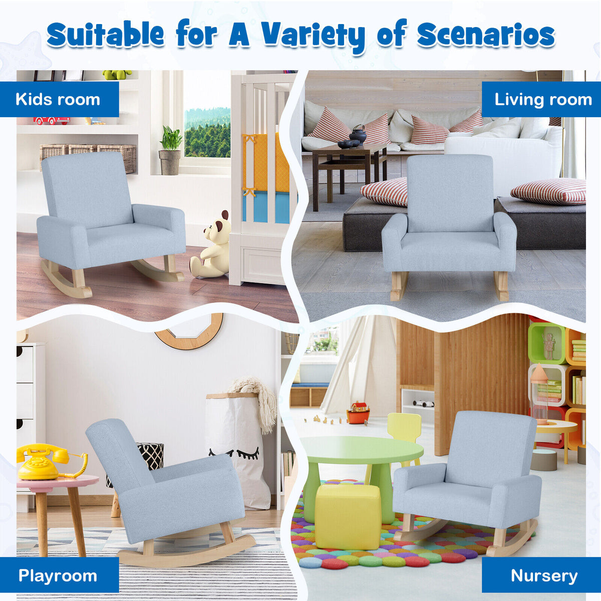 Kids Rocking Chair with Solid Eucalyptus Wood Legs - Blue Variation