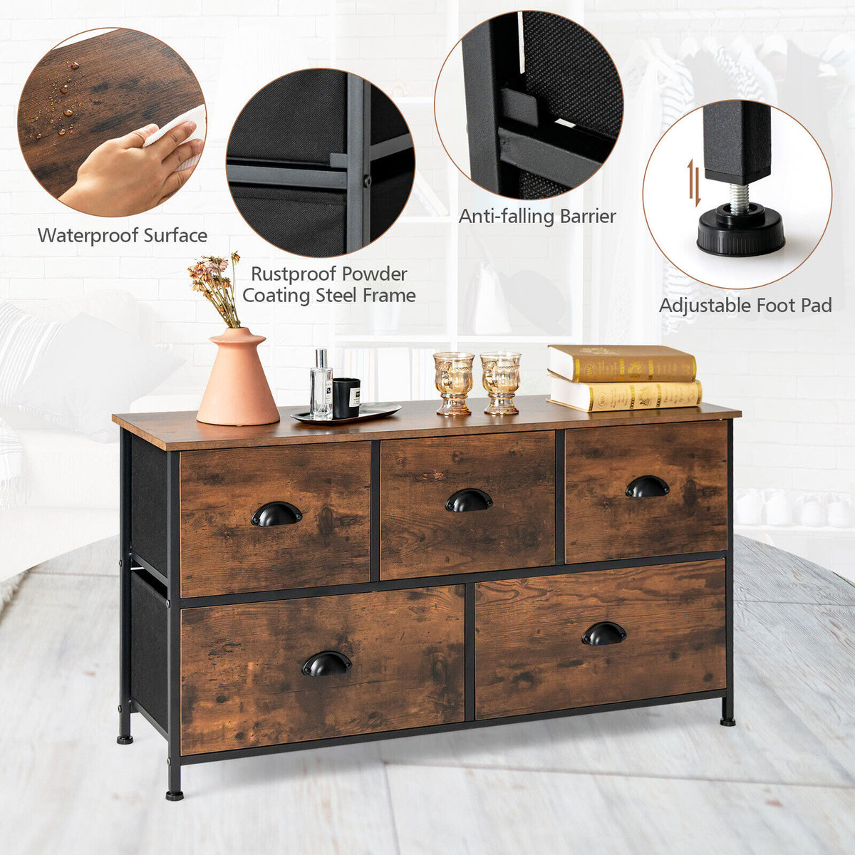 5-Drawer Dresser Organizer with Wooden Top - Rustic Brown