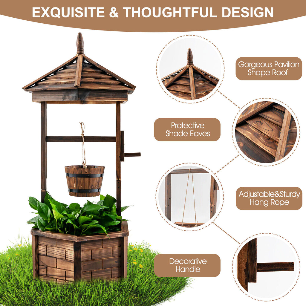 Rustic Wooden Wishing Well with Adjustable Bucket - Brown