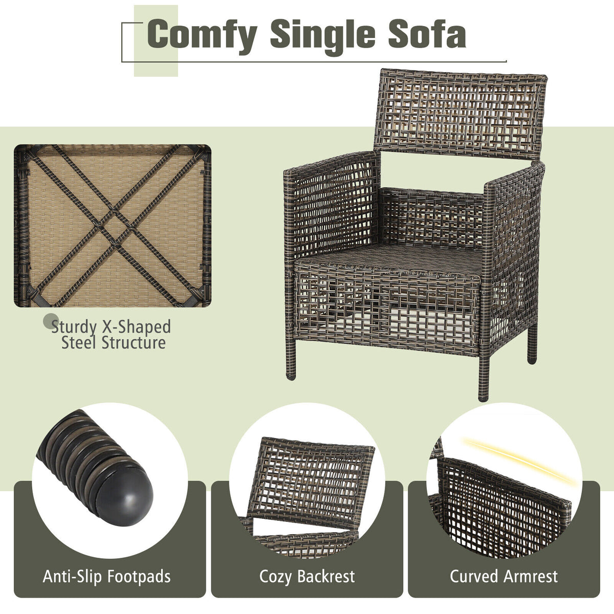 3 Pieces Patio Rattan Furniture Set with Cushioned Sofas and Wood