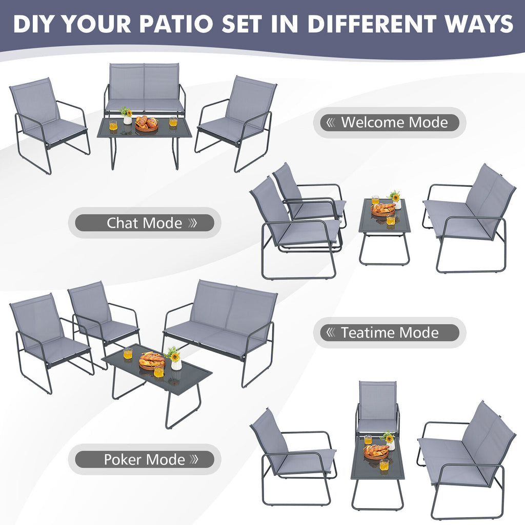 4 Pieces of Metal Patio Furniture Chat Set with Tempered Glass Coffee