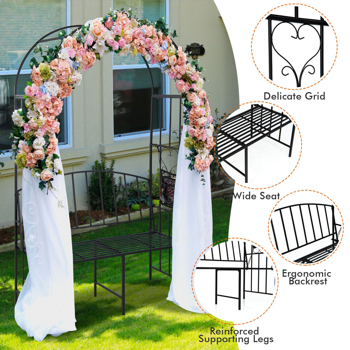 Steel Garden Arch with 2-Seat Bench