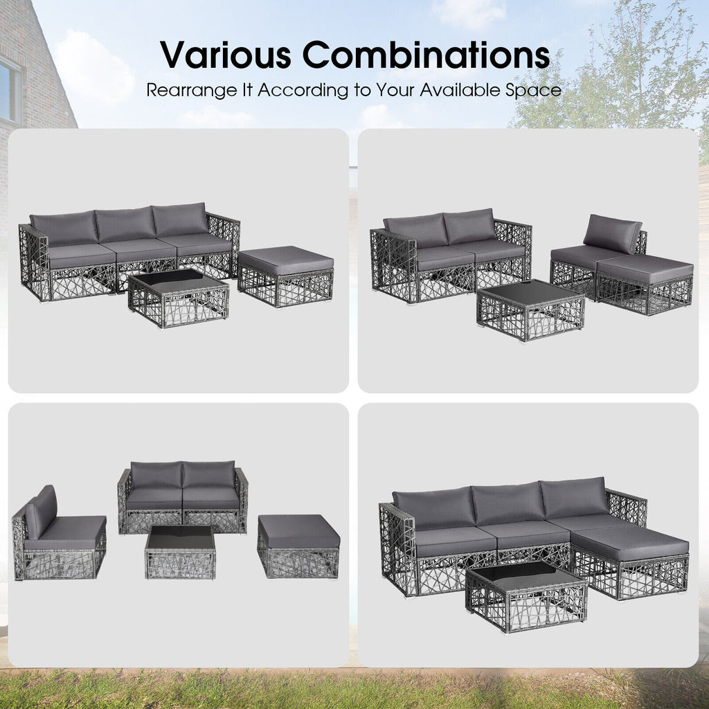 5-Piece PE Rattan Patio Sectional Sofa Set - Gray