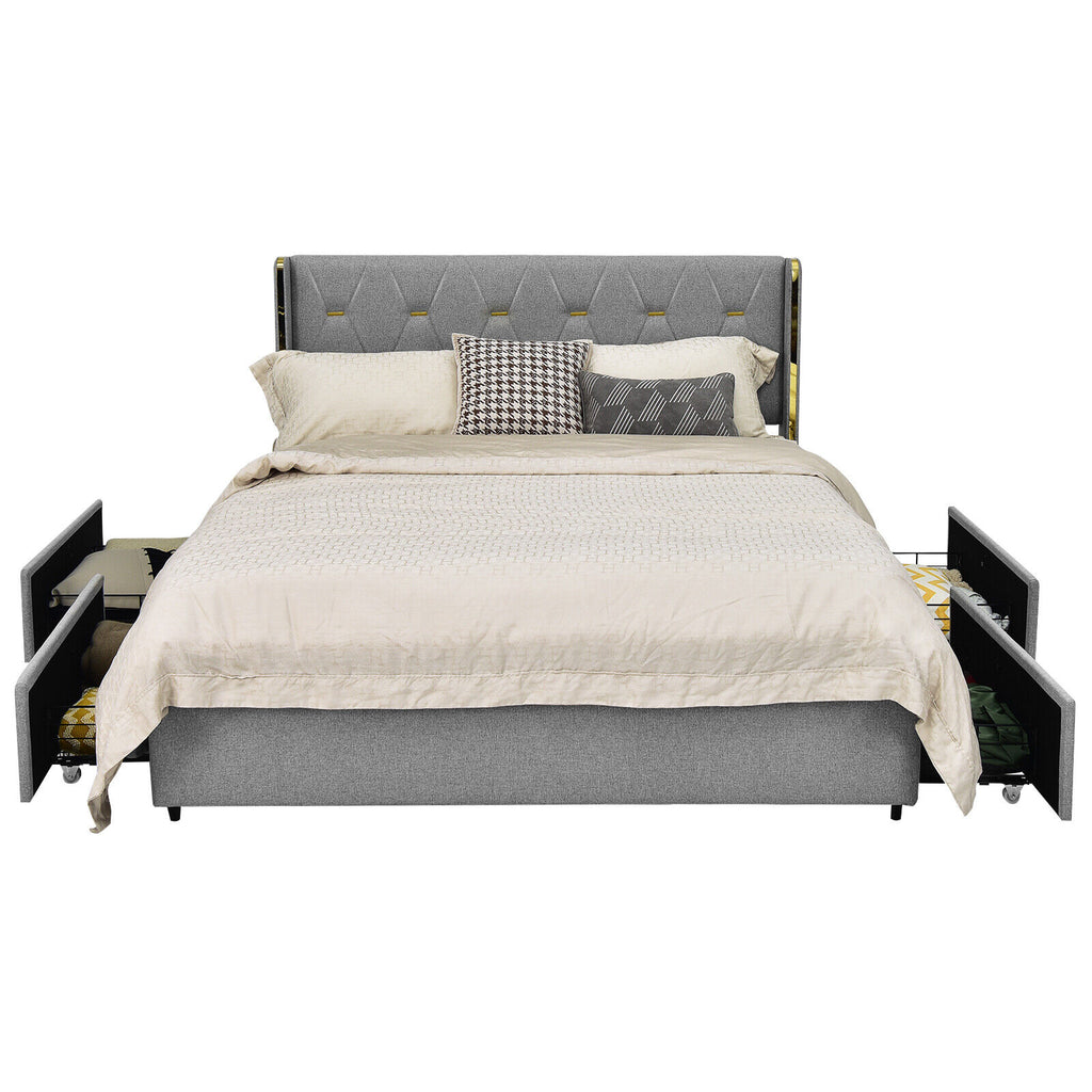 Full Size Upholstered Bed Frame with High Headboard & Storage Drawers - Silver