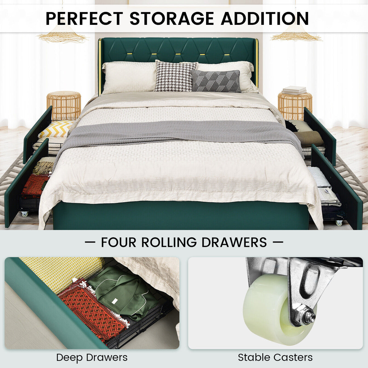 PU Leather Platform Bed Frame with 4 Drawers - Full, Green