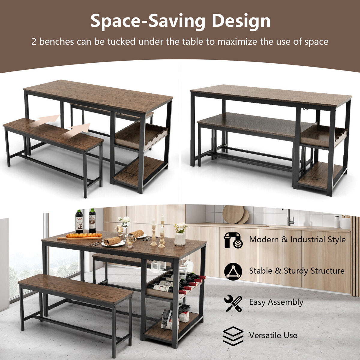 3-Piece Dining Table Set with Wine Rack - Brown