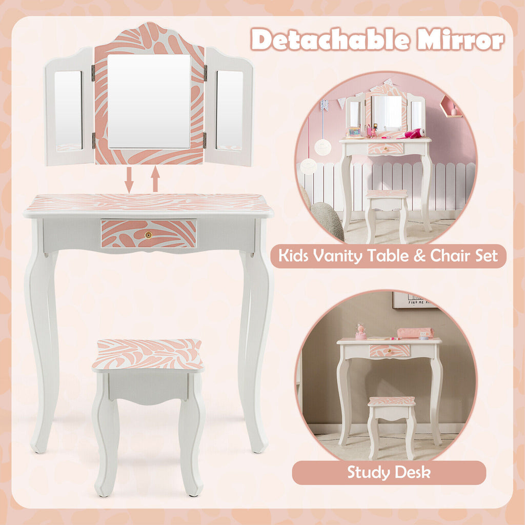 Kids Vanity Table Set with Tri-Fold Mirror - Pink, 2-in-1 Dressing & Writing Desk