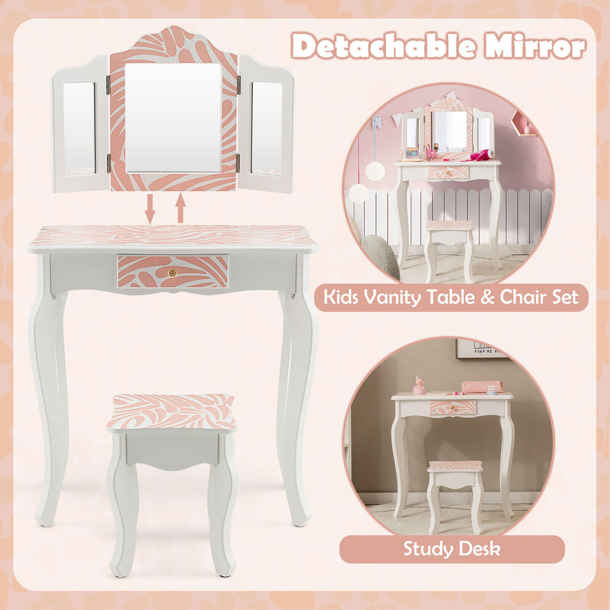 Kids Vanity Table Set with Tri-Fold Mirror - Pink, 2-in-1 Dressing & Writing Desk