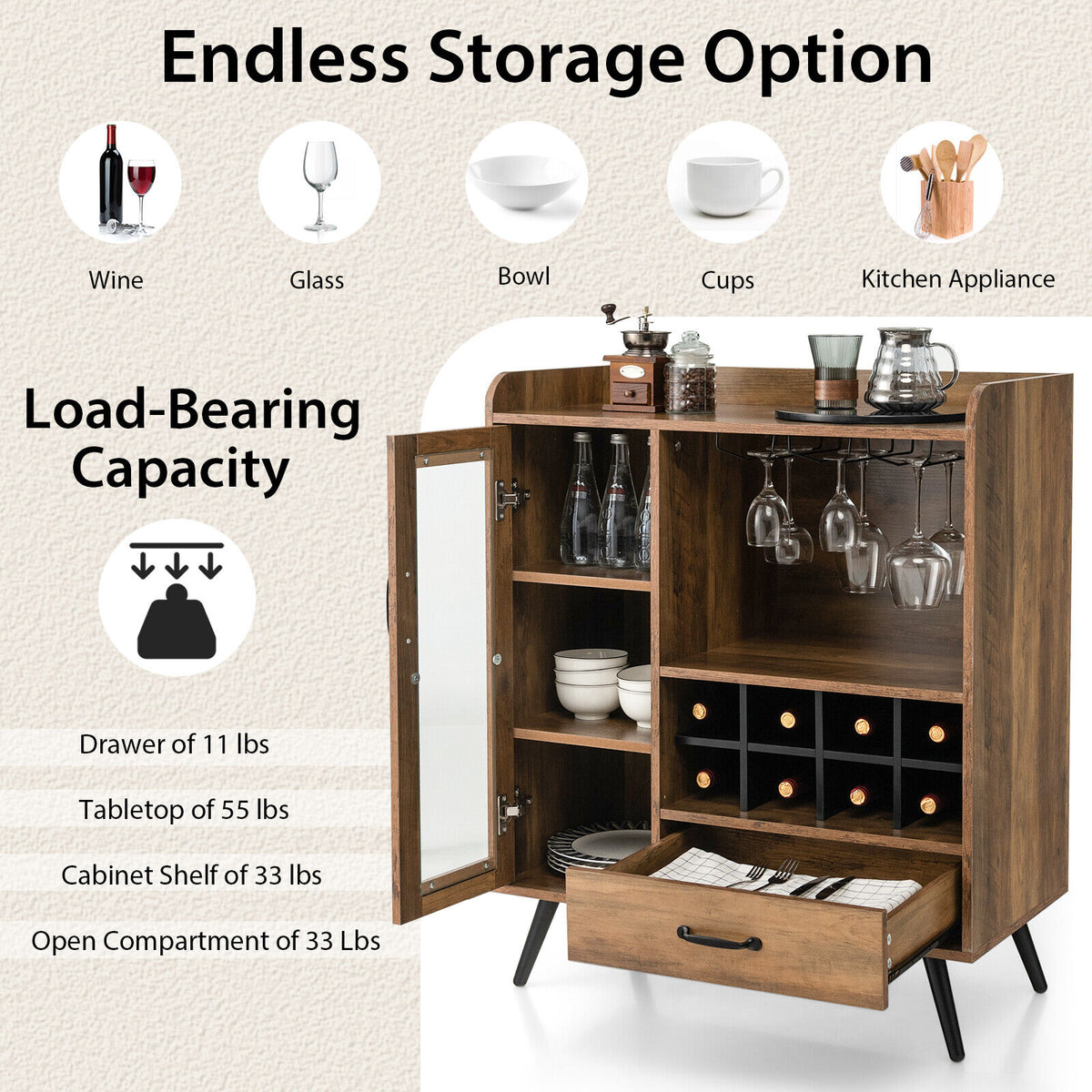 Buffet Sideboard with Wine Rack and Glass Holder - Rustic Brown