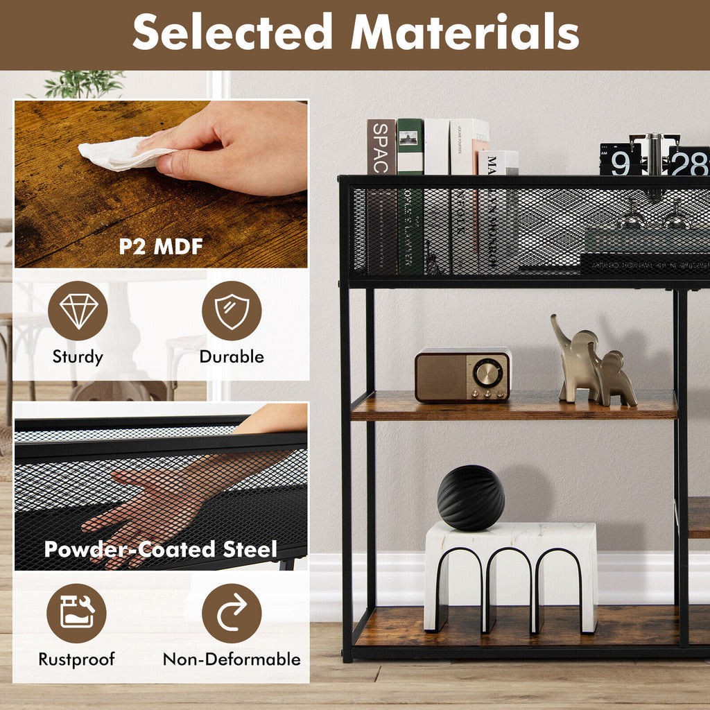 4-Tier Industrial Console Table with Wire Basket - Rustic Brown