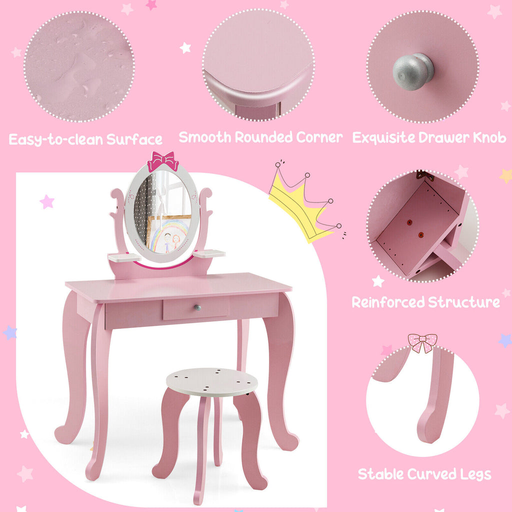 Kids Vanity Table Stool Set with Pink Storage Drawer & Rotatable Mirror - Costway