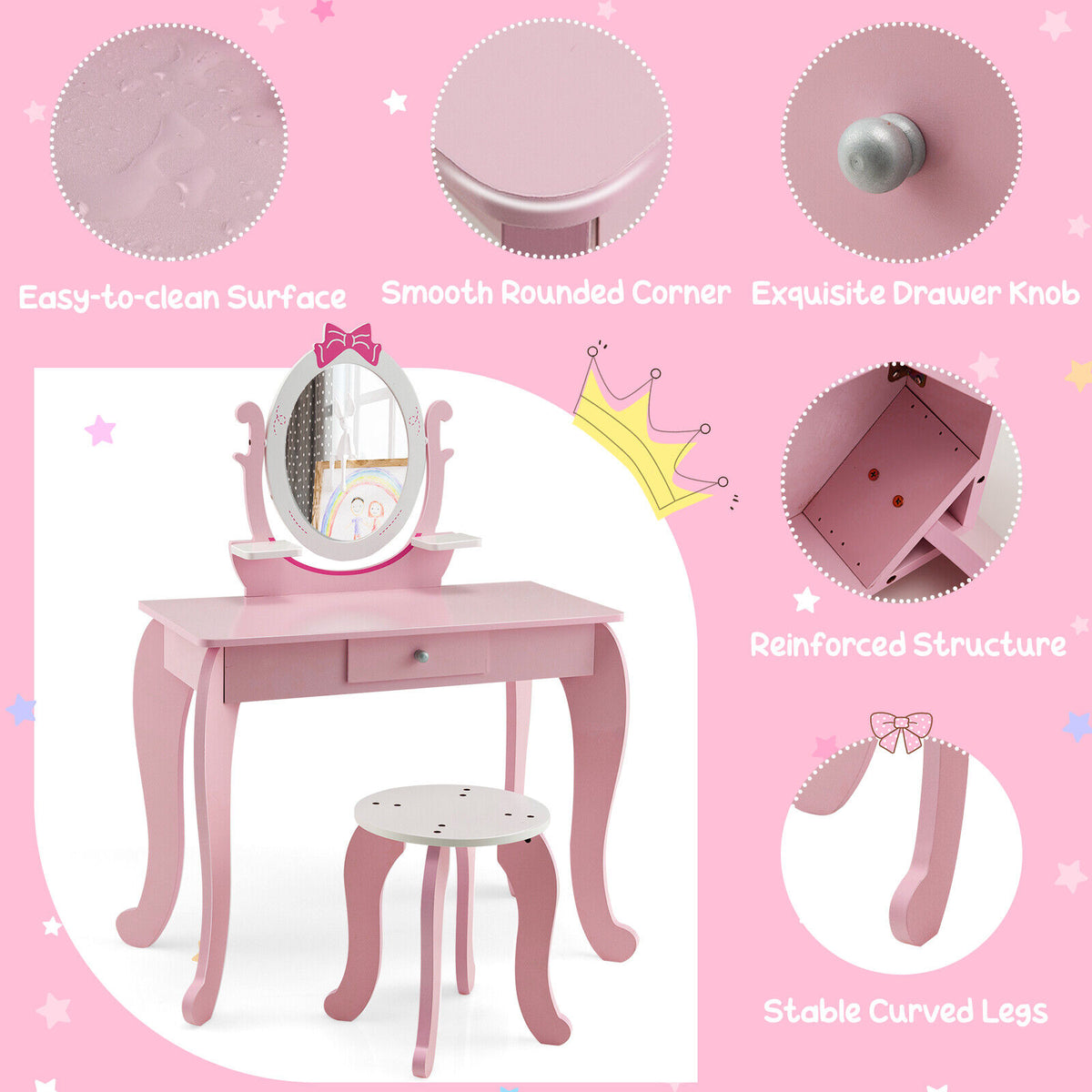 Kids Vanity Table Stool Set with Pink Storage Drawer & Rotatable Mirror - Costway