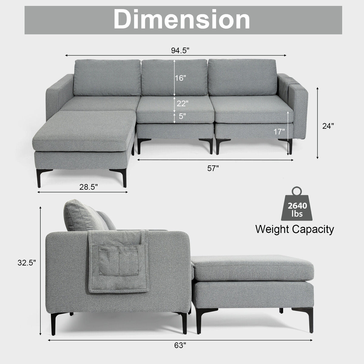 3-Seat L-Shaped Sectional Sofa with Reversible Chaise and USB Ports - Dark Gray