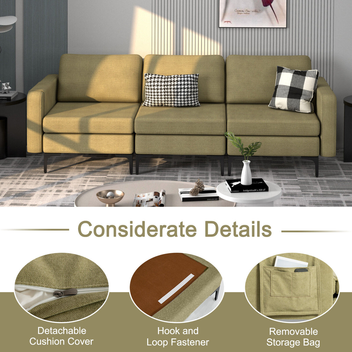 3-Seat Sectional Sofa with Armrest Organizer - Green