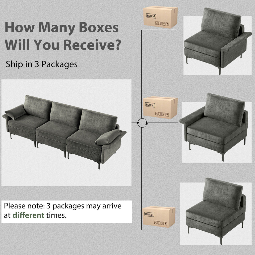 3-Seat Sofa Sectional with Metal Legs, Gray