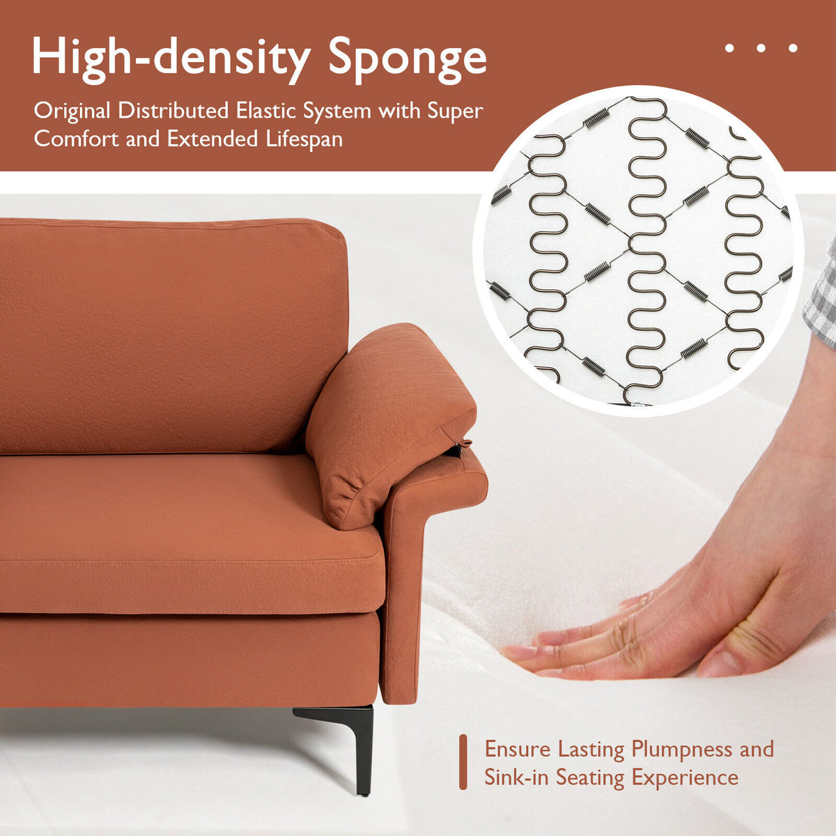 Rust Red Loveseat Sofa with Metal Legs & Armrest Pillows