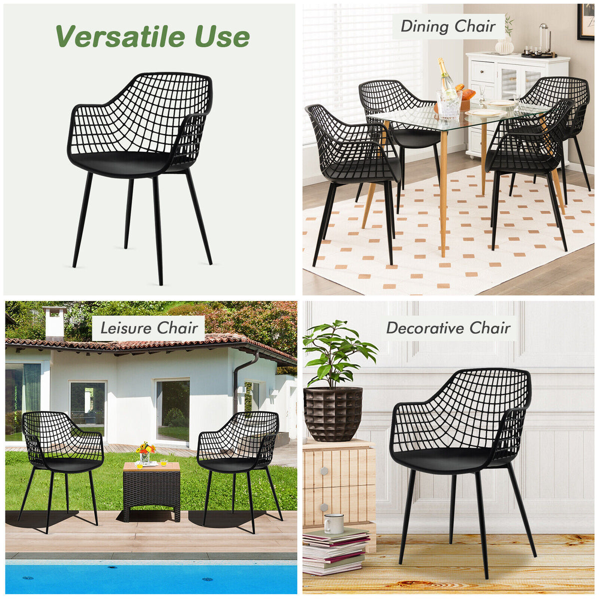Modern Dining Chair Set of 4 with Hollow Backrest - Black