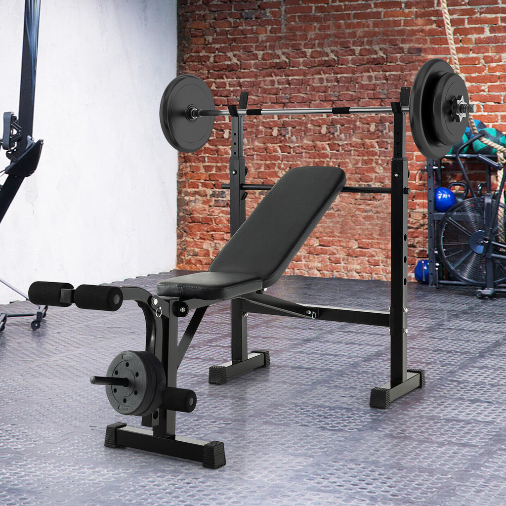 Adjustable Weight Bench and Barbell Rack Set with Weight Plate Post - Home Gym Equipment