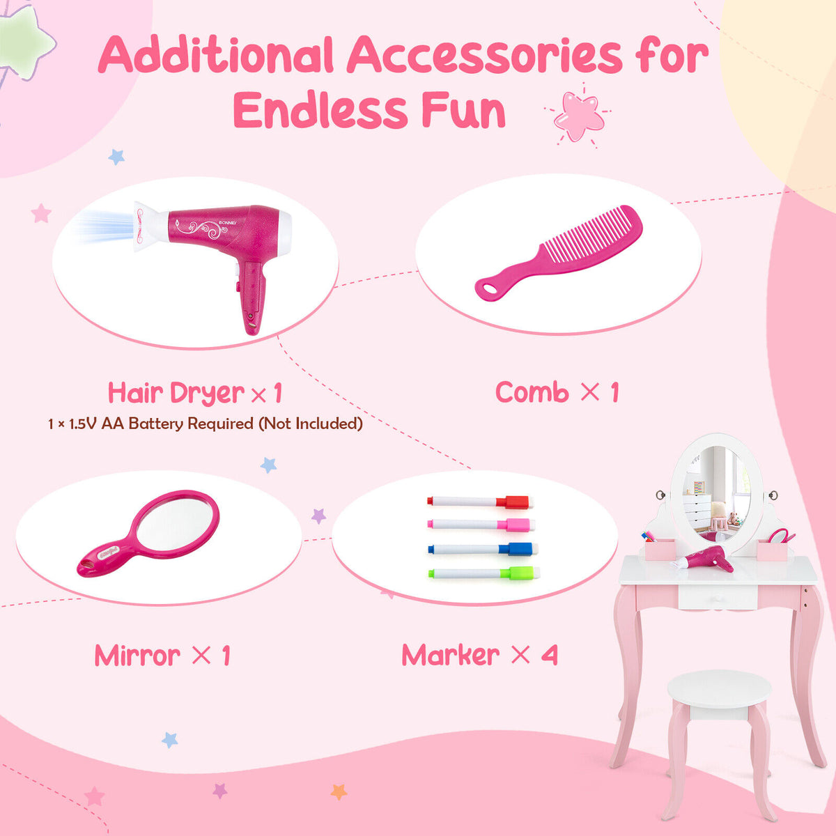 Kids Vanity Set with Rotatable Mirror & Play Accessories - Elliptical Style
