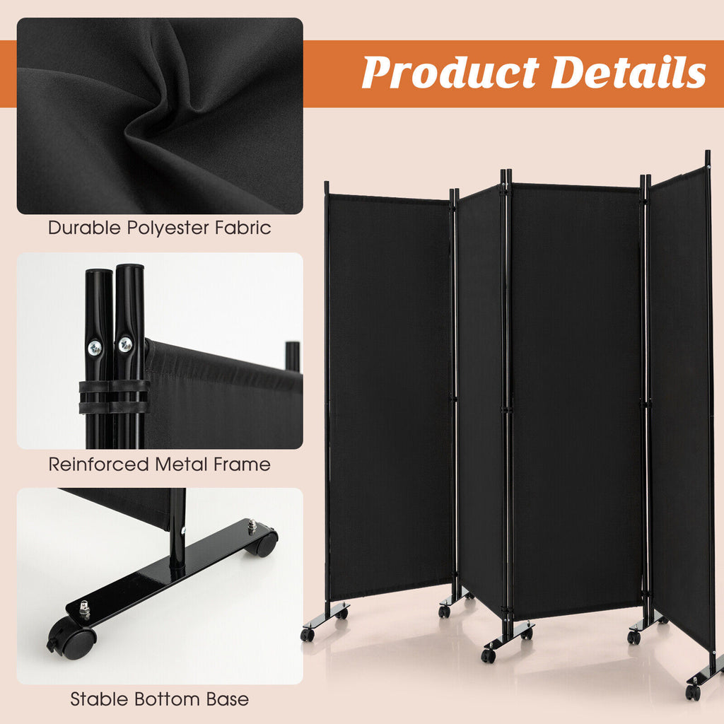 4-Panel Folding Room Divider Privacy Screen with Lockable Wheels - Black, 4 Panels & Wheels