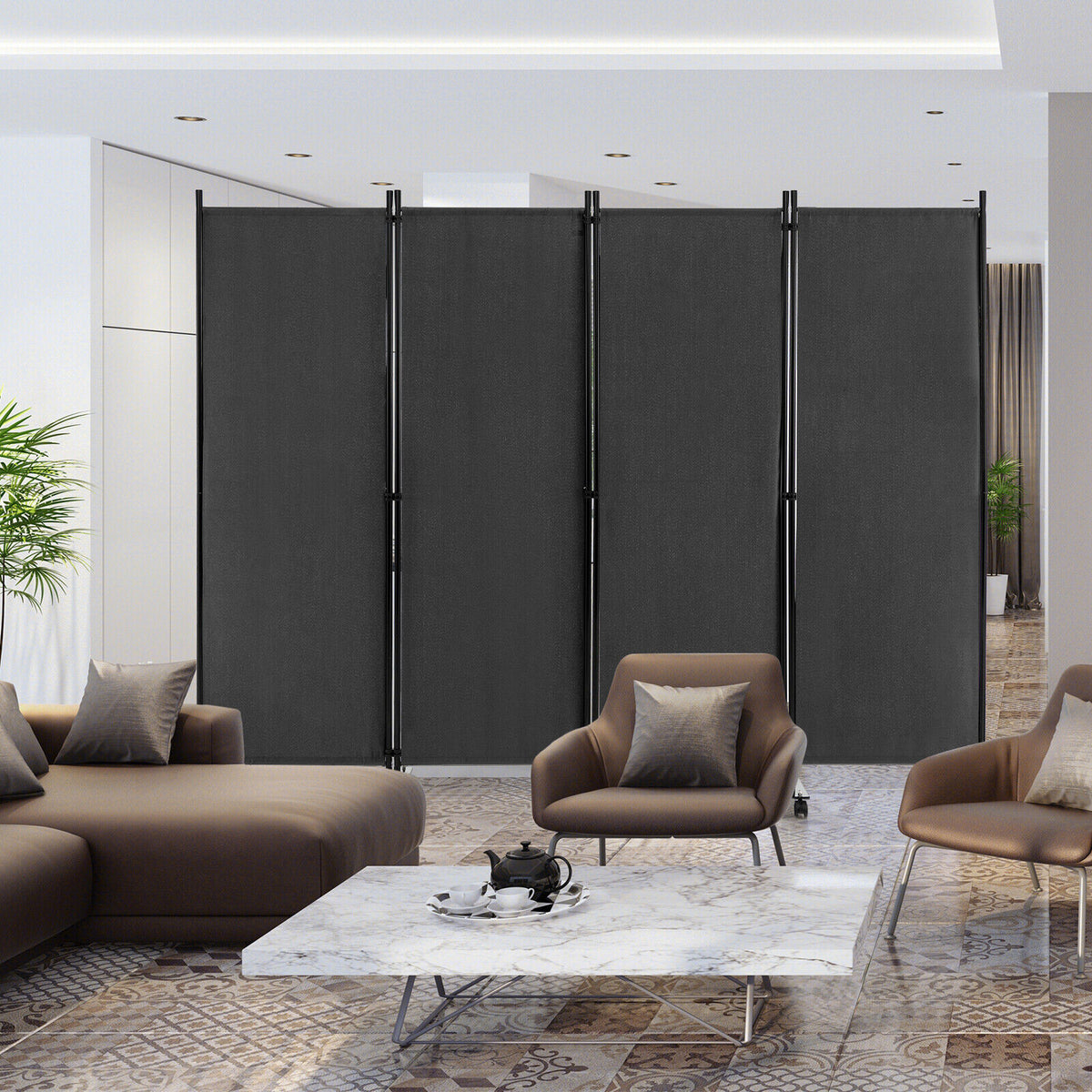 4-Panel Folding Room Divider Privacy Screen with Lockable Wheels - Gray, Includes Variation