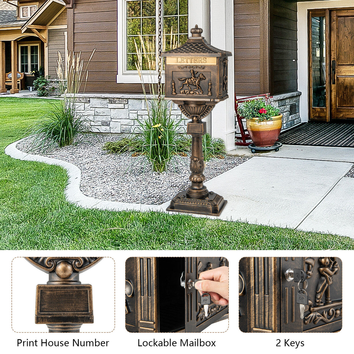 Bronze Retro Cast Aluminum Mailbox with Lockable Door & Baffle