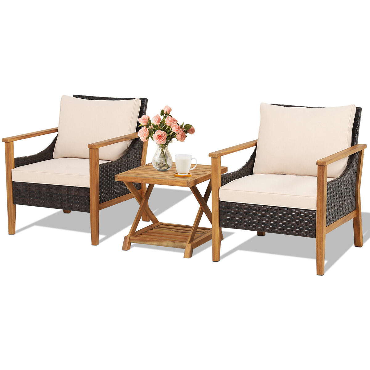 3 Pieces Patio Wicker Furniture Set with 2-Tier Side Table and