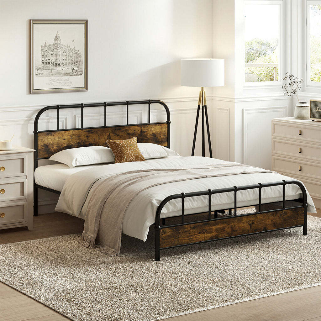 Queen Size Industrial Metal Platform Bed Frame with Headboard - Coffee