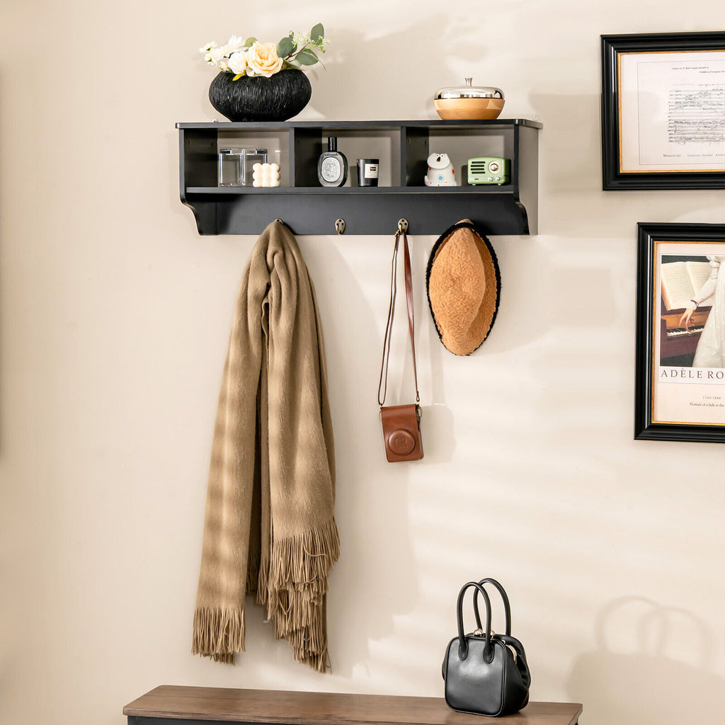 Wall Mount Hooks Shelf for Entryway Storage - Black