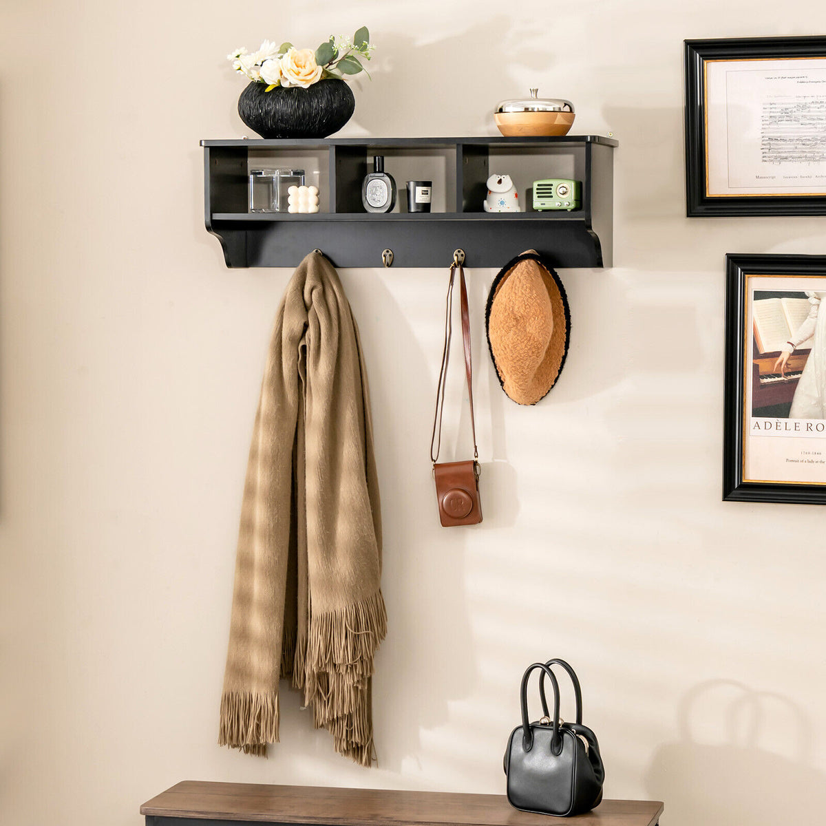 Wall Mount Hooks Shelf for Entryway Storage - Black