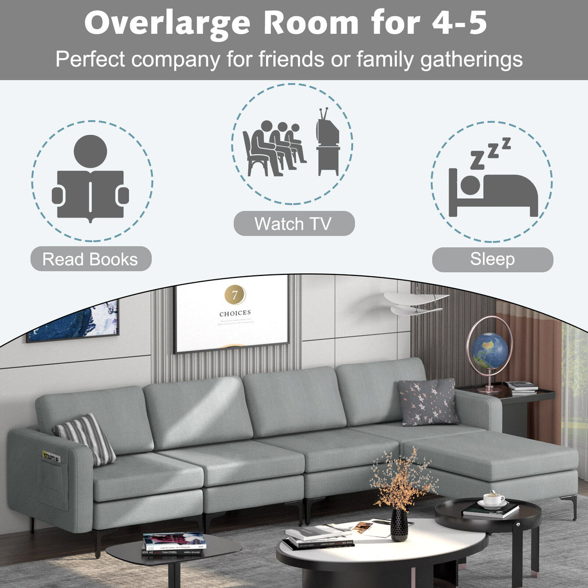 Modular L-Shaped Sectional Sofa with Reversible Ottoman & USB Ports - Gray