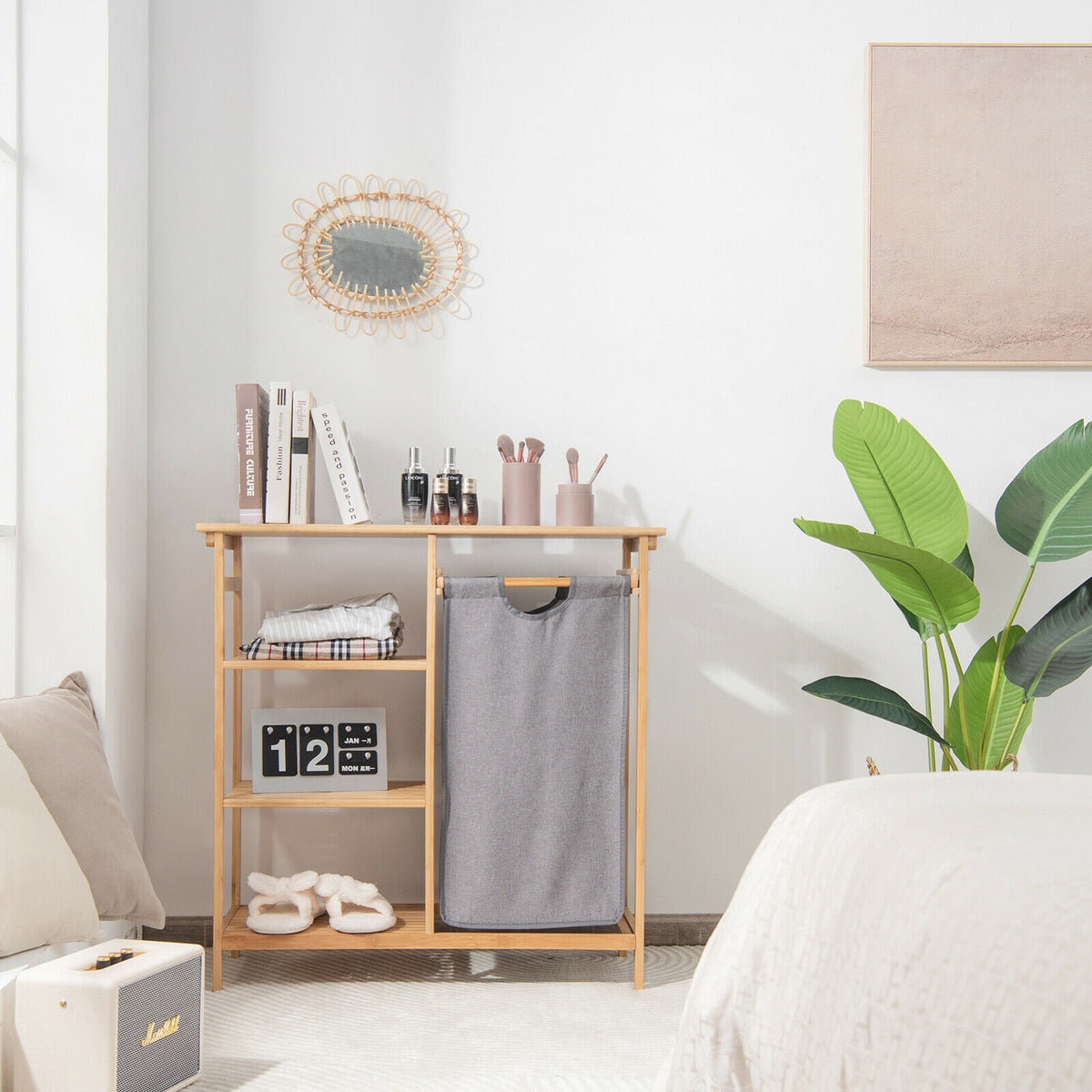 Bamboo Laundry Hamper Stand with Removable Sliding Bag and 3-Tier