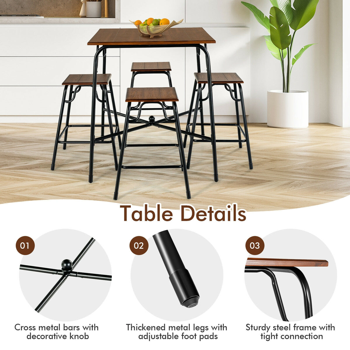 5-Piece Bar Table Set with 4 Counter Height Stools - Rustic Brown