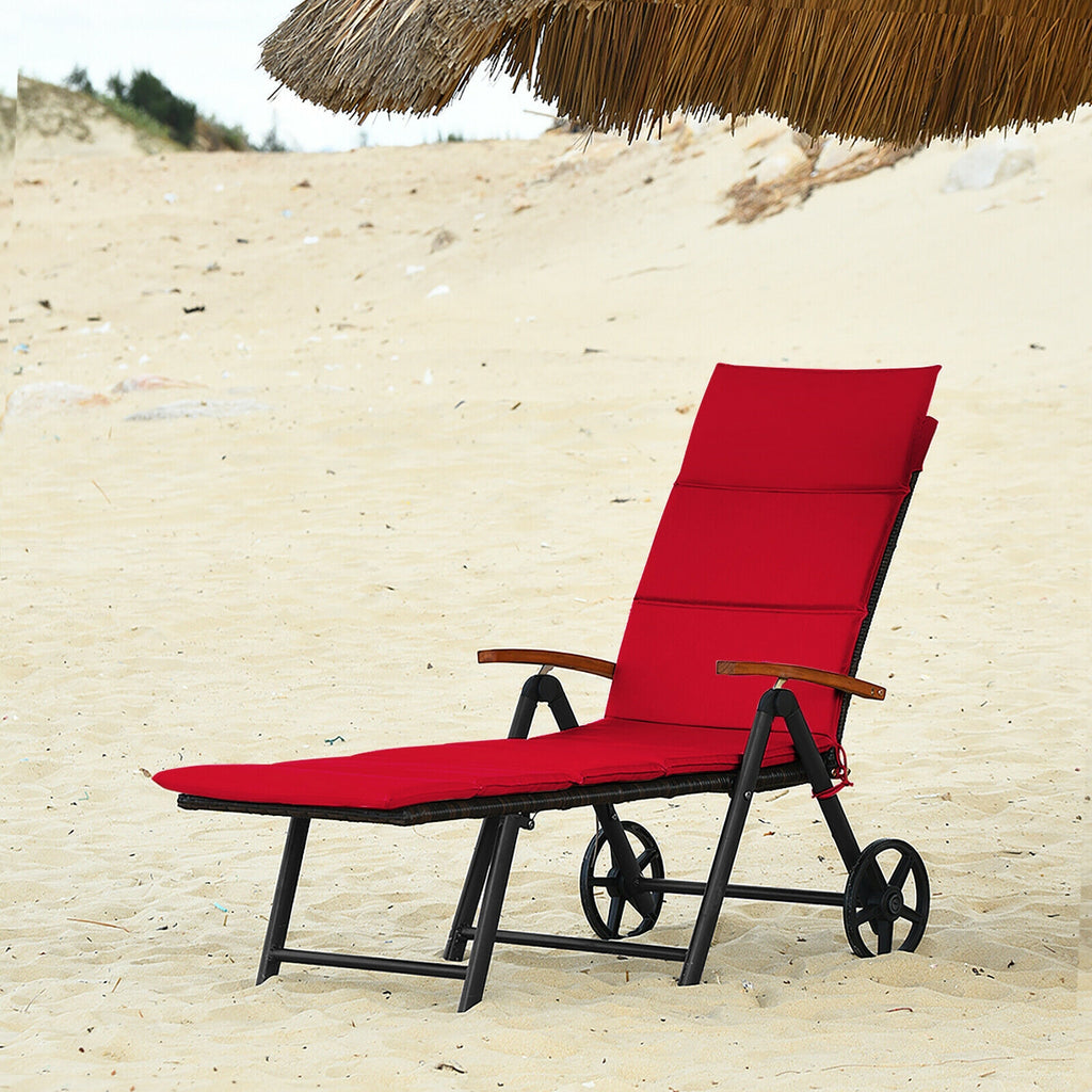 Folding Patio Rattan Lounge Chair with Wheels - Red