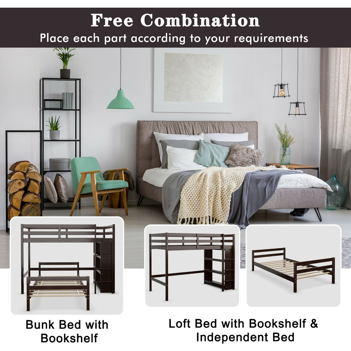 Twin Over Twin Loft Bunk Bed with Bookcase - Dark Brown