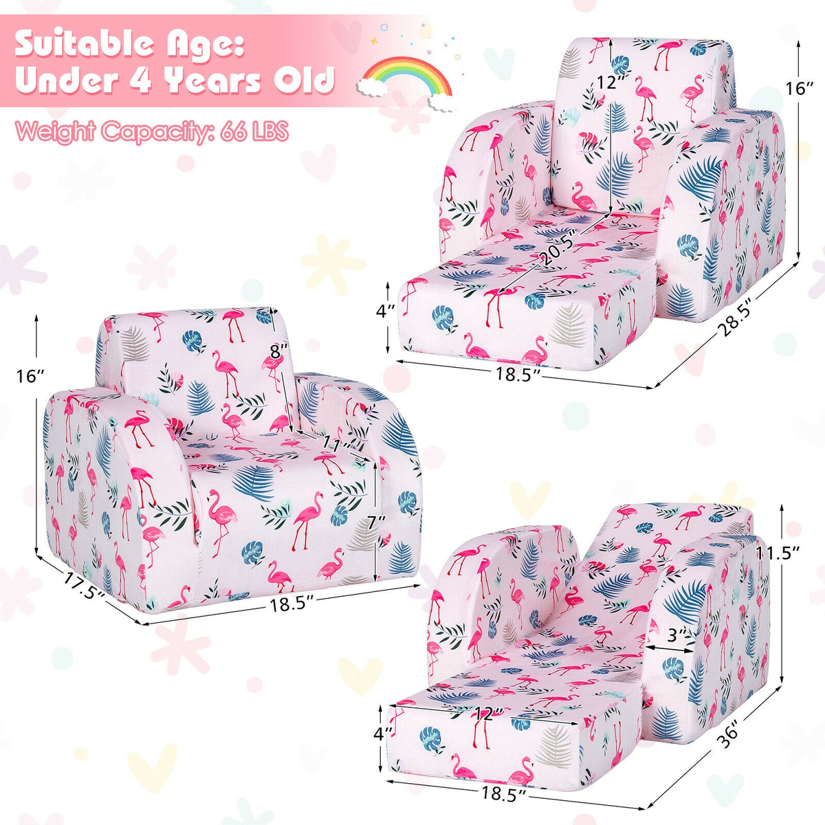 Pink 3-in-1 Convertible Kid Sofa Bed Lounger - Toddler Play & Rest Chair