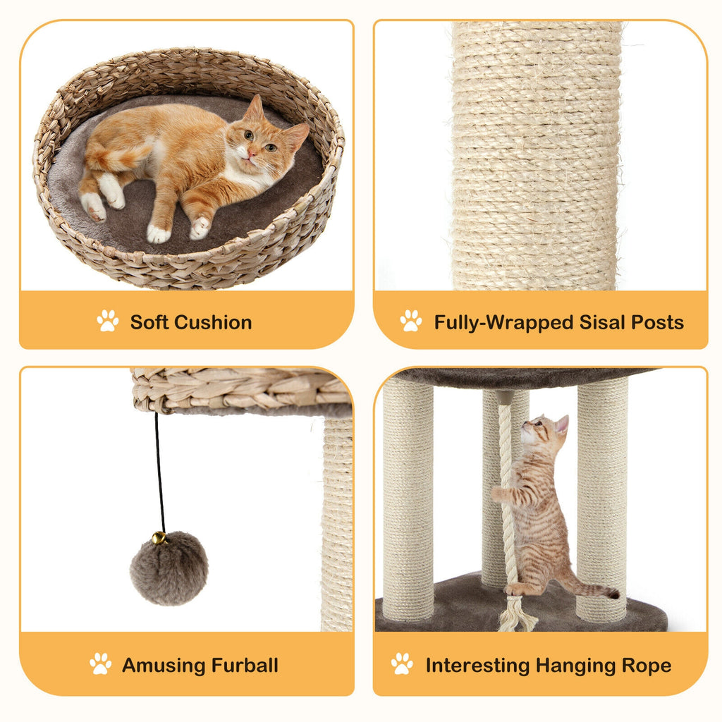 41 Inch Rattan Cat Tree with Napping Perch - Brown