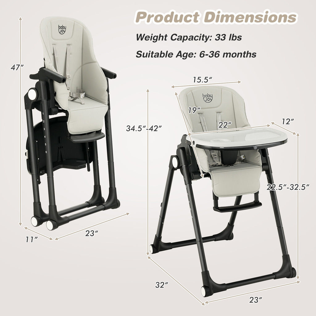 Folding Baby High Chair with 6 Adjustable Heights - Gray, 4-in-1